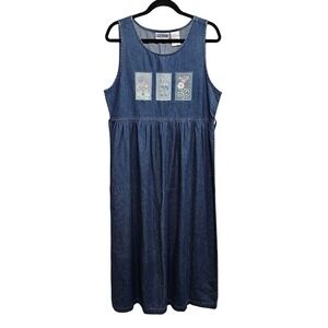 Vintage Erika & Co Denim Jumper Dress Women's Medium Sleeveless Maxi Embroidered